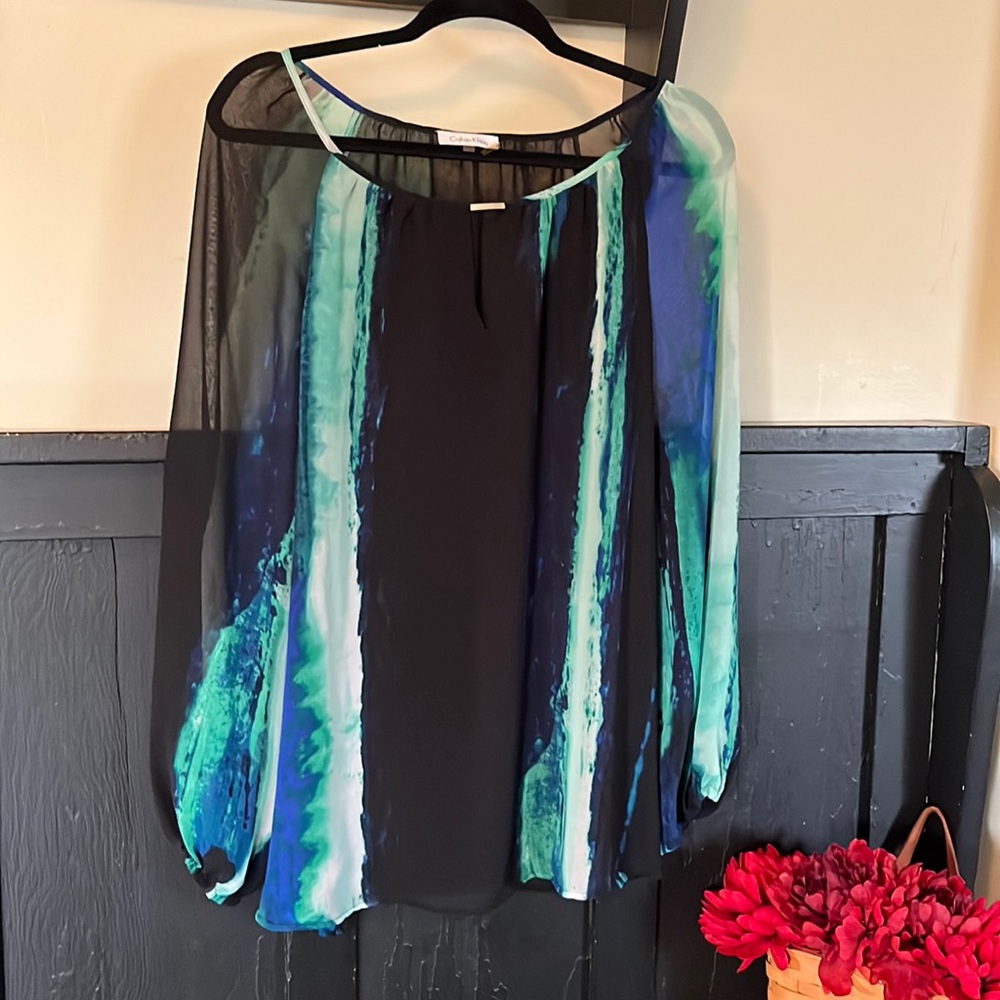 Calvin Klein long sleeve tunic 1X black blue greens EUC sheer silver v neck